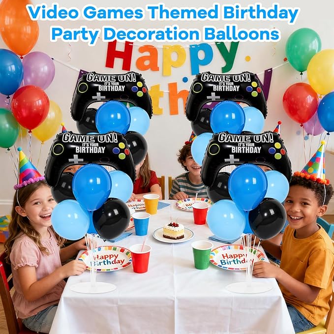 4 Sets Video Game Birthday Party Balloons Stand Kit with Game Handle Foil Balloons Black Blue Party Ball Balloon Centerpiece for Tables for Boy Girl Video Gamer Gaming Birthday Baby Shower Decoration