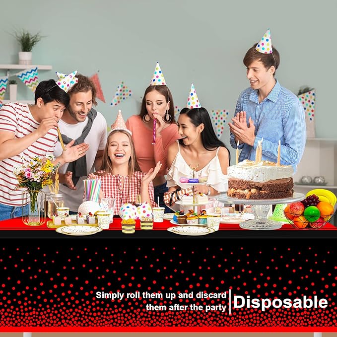 6 Pack Black and Red Tablecloth Party Decorations Plastic Black Tablecloth Printed Red Table Runner 54 x108 Inch Disposable Rectangle Table Cover for Birthday Wedding Graduation