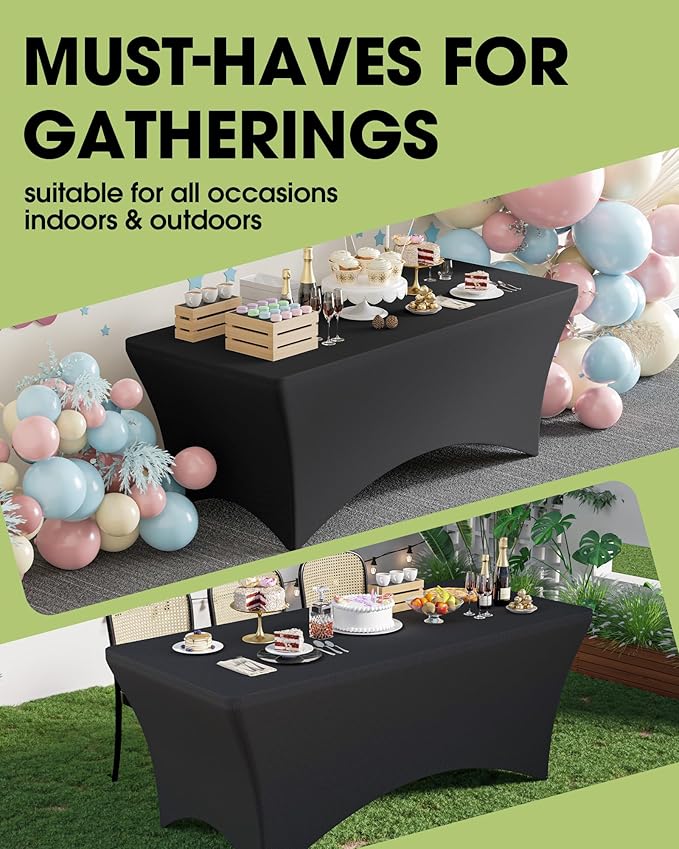 Pureegg Spandex Tablecloth 6ft - 6 Pack, Fitted and Stretch Table Cover for Rectangle Tables, Wrinkle-Resistant and Secure Fabric for Outdoor, Picnic, Party, Wedding, Banquet and Birthday, Black