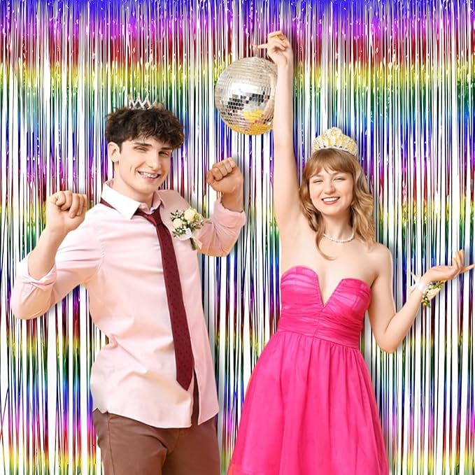 BRAVESHINE Tinsel Fringe Backdrop - 2 Pack Colorful Metallic Foil Curtain Streamers for Easter/80s/90s/Disco/Dance/Rainbow/Unicorn/Anniversary/Bridal/Engagement/Bachelorette/Birthday Party Decorations