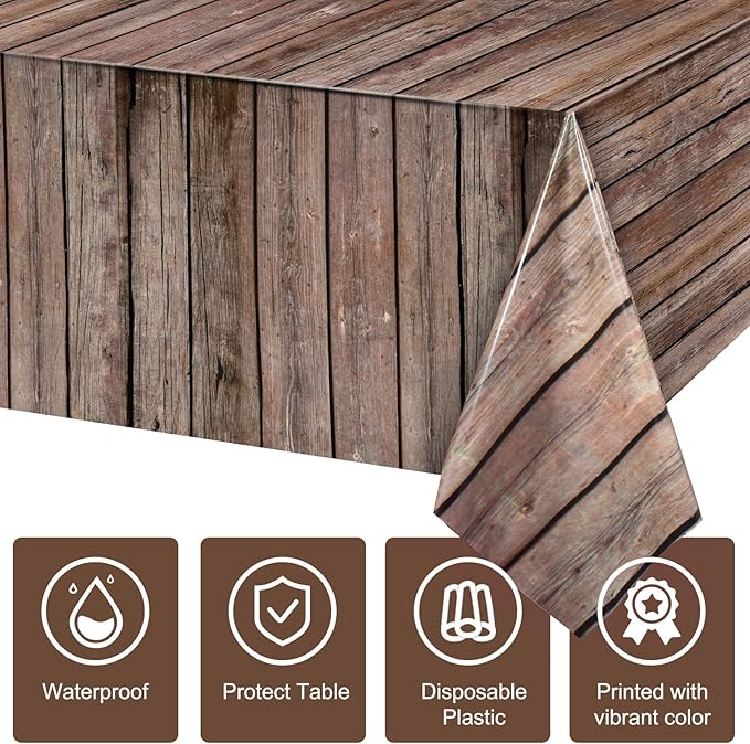 Tiamon 1 Pcs Western Party Tablecloth Western Cowboy Party Table Cover Cowboy Theme Plastic Tablecloth Wild West Wood Grain Table Cover for Birthday Baby Shower Decor (54 x 108 Inch)