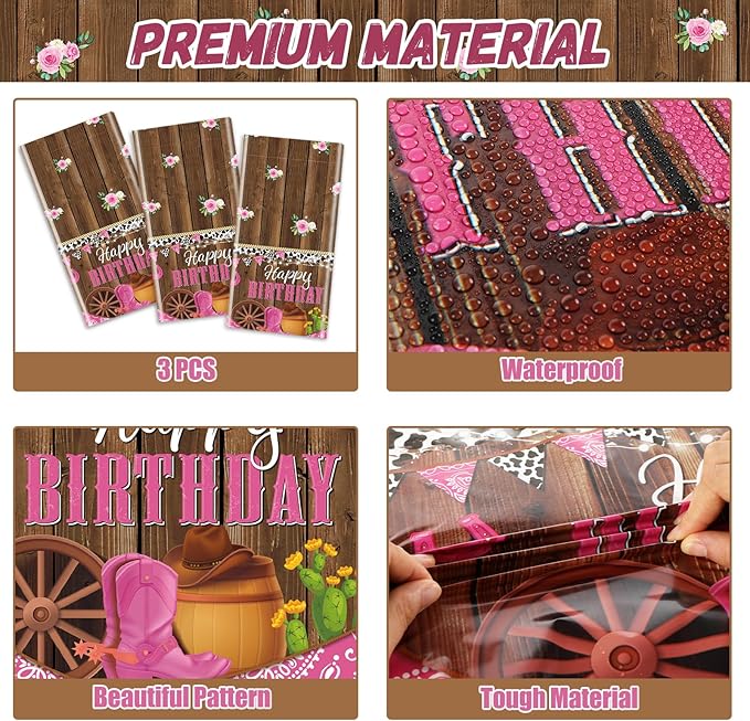 3 Pcs Western Cowgirl Birthday Party Tablecloth 108 x 54 Inch Cowgirl Theme Tablecover Plastic Cowboy Rodeo Table Cloth West Theme Party Decoration and Supplies for Girl Birthday Baby Shower Party