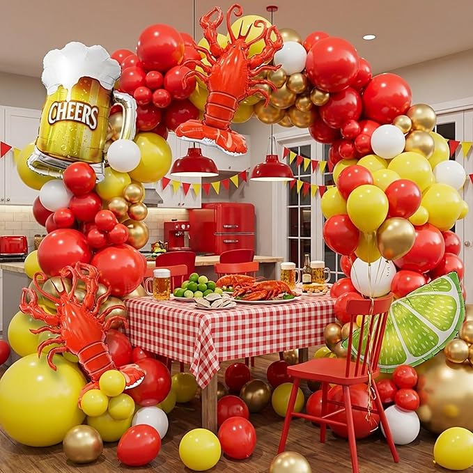 Bonropin Crawfish Boil Party Supplies, 150pcs Crawfish Balloon Arch Garland Kit with Red Yellow Gold Latex Balloons, Crawfish Beer Lemo Foil Balloons for Crawfish Boil Birthday Party Decoration