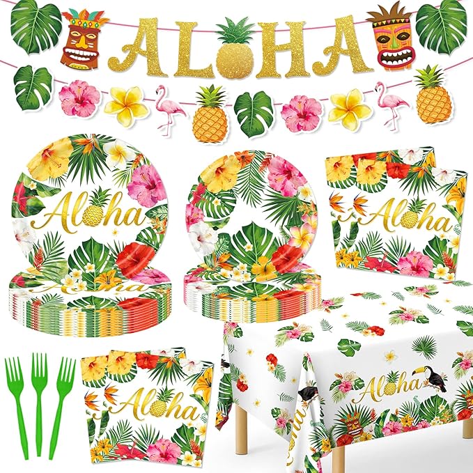 Luau Party Decorations, 99Pcs Hawaiian Aloha Party Plates-Serve 24 With Aloha Banner Tablecloth Napkins Disposable Dinnerware Set for Hawaiian Tropical Summer BBQ Party Decorations