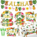 Luau Party Decorations, 99Pcs Hawaiian Aloha Party Plates-Serve 24 With Aloha Banner Tablecloth Napkins Disposable Dinnerware Set for Hawaiian Tropical Summer BBQ Party Decorations