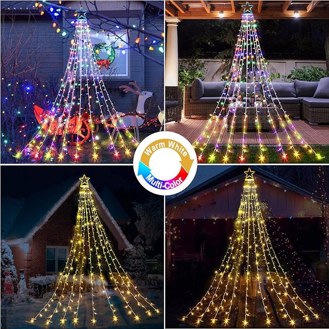 Christmas Decoration Lights, Outdoor Christmas String Lights 320 LED 11.5 Ft Waterfall Tree Light with Big Star Topper 8 Light Modes for Xmas New Year Holiday Garden Yard Indoor Outdoor Decor