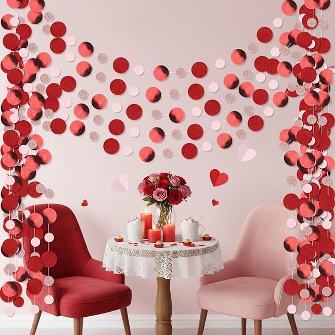 Outus 5 Pieces Red,Pink Round Dots Garland Easter Graduation Party Hanging Decor Each Length 13.1ft Glitter Paper Dot Streamers for Birthday Wedding Classroom