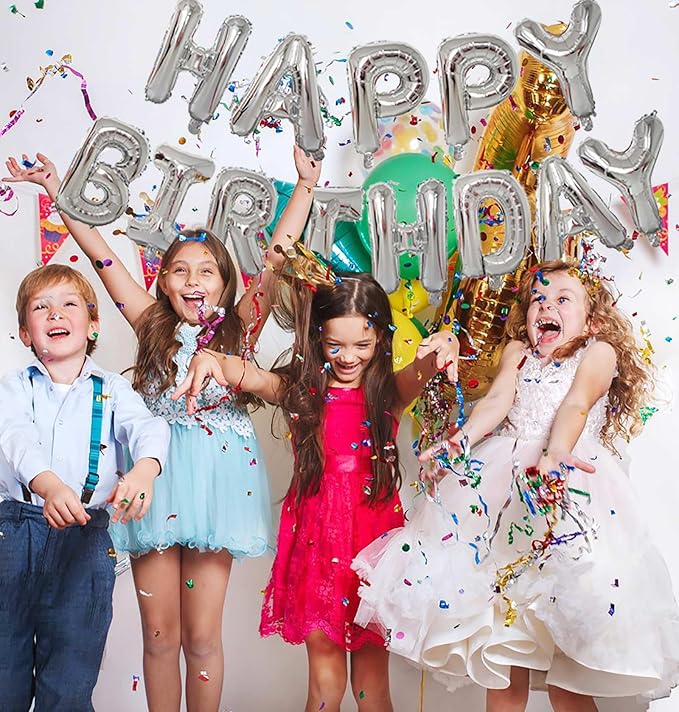 KALOR Silver Happy Birthday Balloons Banner, 16 Inch Mylar Foil Letters Balloon Sign for Birthday Party Decorations Photo Booth Backdrop