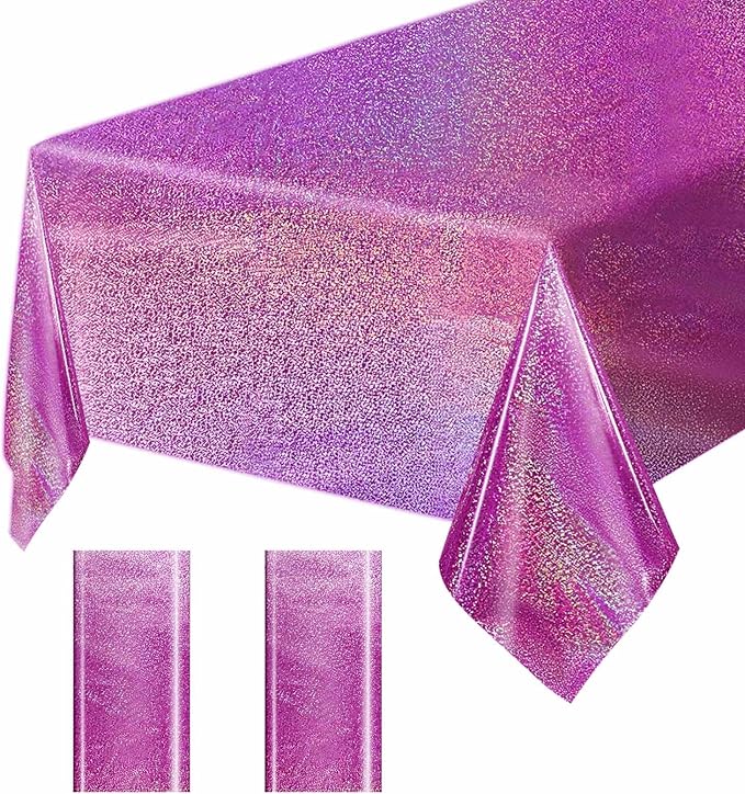 2 Pack Hot Pink Iridescent Plastic Tablecloth Disposable 54 × 108 Inch Glitter Holographic Foil Table Cloth Plastic Laser Rectangle Table Cover for Birthday Wedding Disco Party