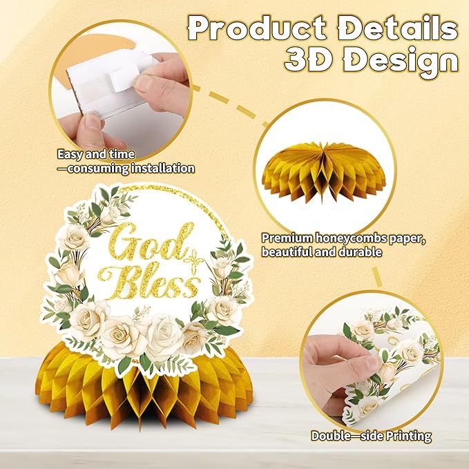 JULMELON 8PCS First Communion Decorations Baptism Honeycomb Centerpieces, God Bless First Holy Communion Table Decorations Baptism Centerpieces for Tables 1st Communion Party Supplies