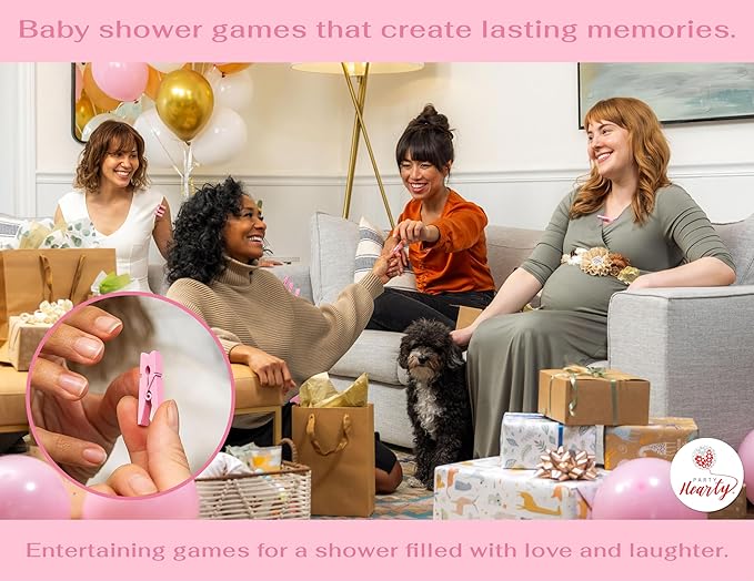 Party Hearty Baby Shower Games for Girl, Don't Say Baby Game,1 Sign and 50 Mini Pink Clothespins, Shower Game Ideas