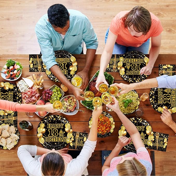 96Pcs 18th Birthday Party Tableware Set, Black Gold Time To Adult Birthday Party Decorations Supplies for Boys Girls Cheers to 18 Years Disposable Paper Plates Napkins Forks Favors, Serve 24