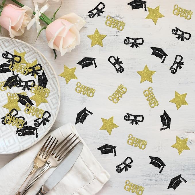 120pcs Congrats Grad Confetti - Class of 2025 Graduation Party Sign - High School College Graduation Party Table Decoration Scatters - Black & Gold Glitter