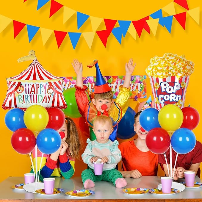 Carnival Circus Birthday Party Balloons Stand Kit 2 Sets with 2 Circus Tent Popcorn Foil Balloons Plim Themed Red Blue Yellow Balloon Centerpiece for Tables for Carnival Birthday Party Decorations