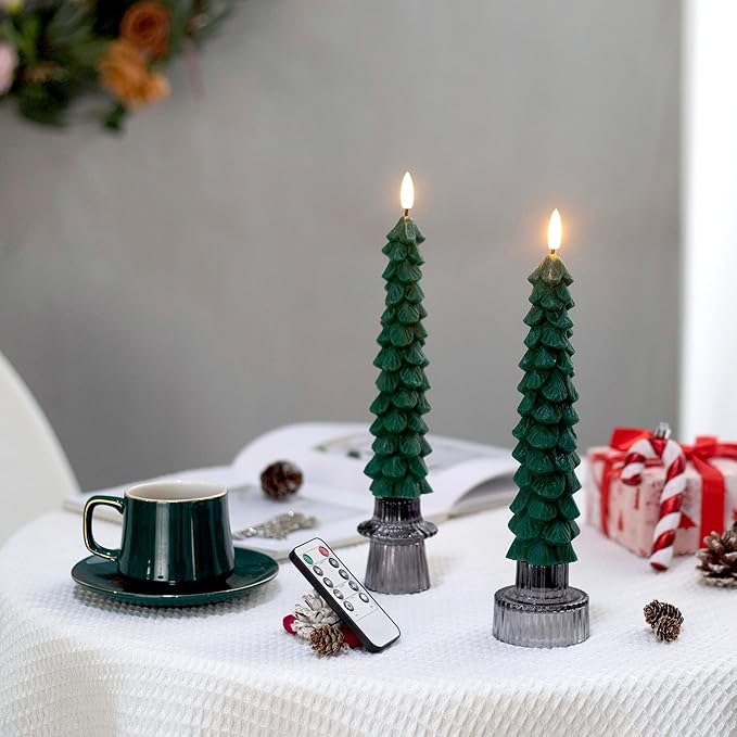 4 PCS Flameless Christmas Tree Candles with Remote Timer, Real Wax Flameless Taper Candles 9.65 Inch, LED Candlesticks with 3D Flickering Flame, Christmas Decor Candles Battery Operated