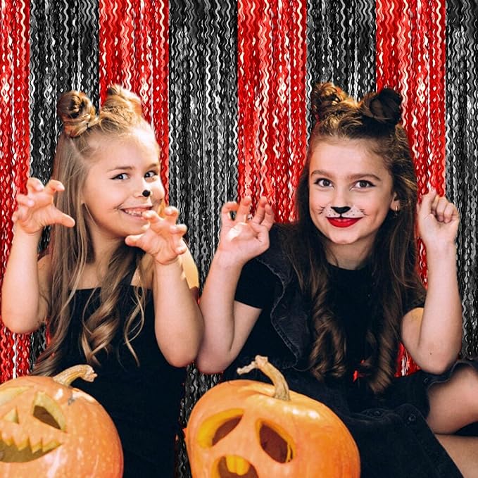 4 Pack Black Red Wave Foil Fringe Curtain Backdrop, 3.28Ft x 8.2Ft Metallic Tinsel Foil Fringe Streamer Curtains for Photo Booth, Mother's Day, Easter, Birthday, Wedding Party Decoration