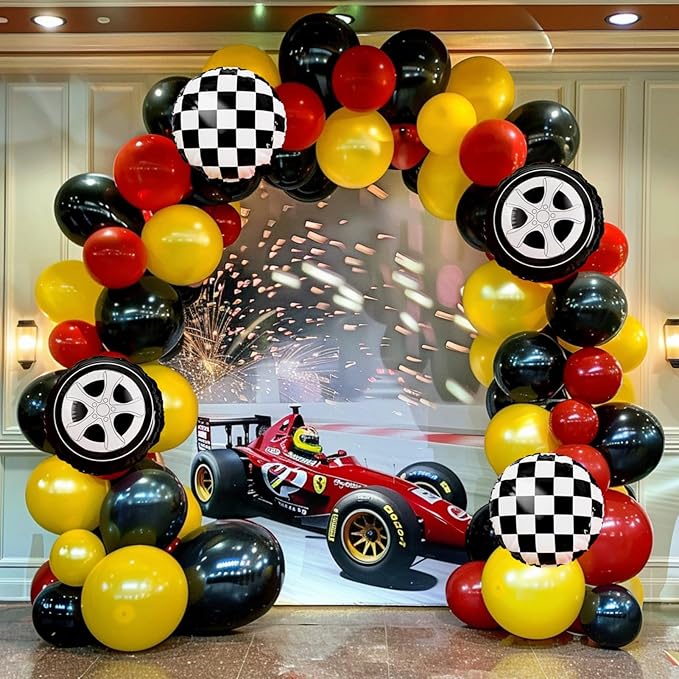 Race Car Balloon Garland Arch Kit, 160Pcs Red Yellow Black Latex Balloons Wheel Checkered Foil Balloons for Racing Car Two Fast 2nd Birthday Party Decorations