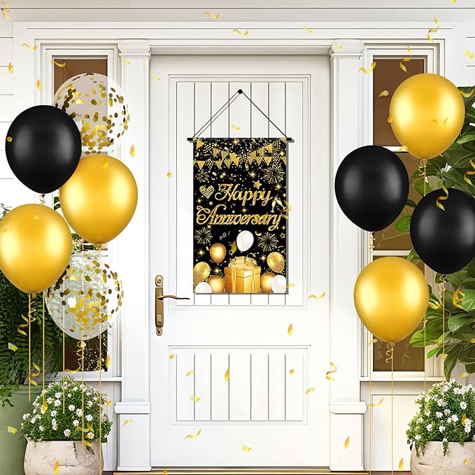 Anniversary Party Decorations Black Gold Happy Anniversary Door Banner Sign Small Wedding Anniversary Door Hanging Banner Porch Front Door Decor for Men Women Anniversary Cruise Door Sign Supplies