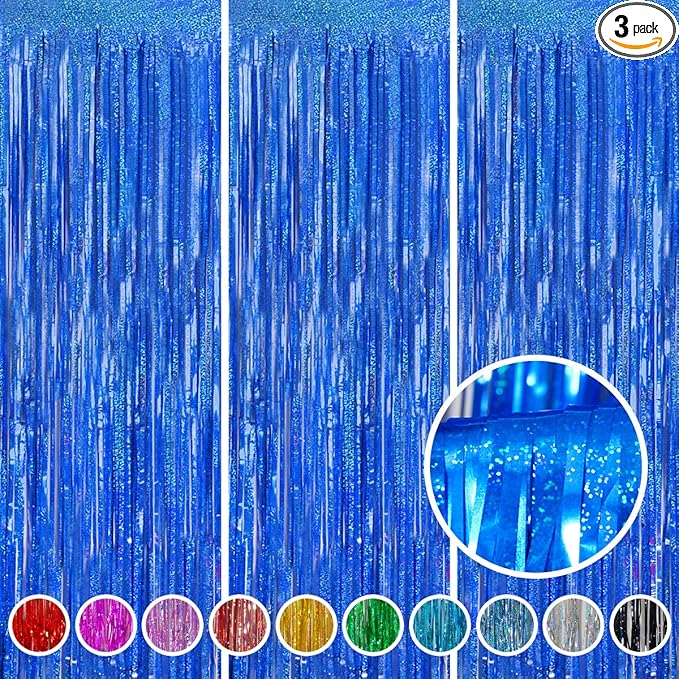 Foil Fringe Curtains Graduation Decorations 2026 - Melsan 3 Pack 3.2 x 8.2 ft Tinsel Curtain Party Photo Backdrop for Independence Day Decorations Birthday Party Baby Shower or Graduation Navy