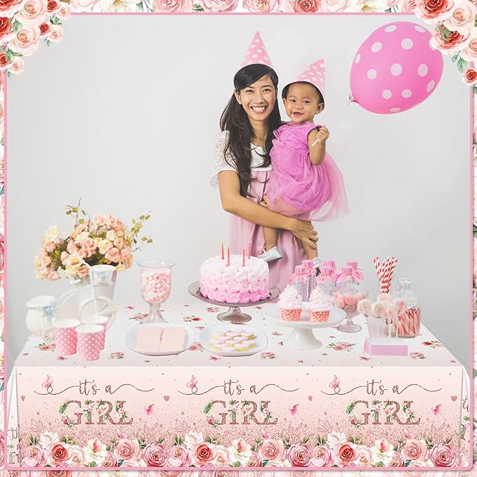 1 Pack Floral Baby Shower Tablecloth Decorations, It's a Girl Baby Shower Decorations, Pink Flower Gender Reveal Decorations for Girl, Plastic Disposable Baby Girls Table Cloth Party Decorations