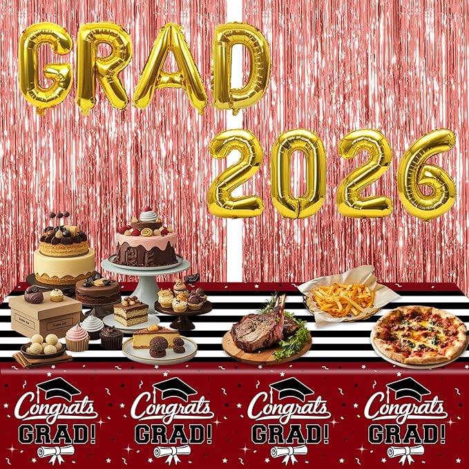 7-Pack Graduation Party Decorations Set, 3 Maroon Graduation Tablecloths 54 x 108 in, 2026 and Grad Balloons, 2 Foil Fringe Curtains for High School College Graduation Party Photo Booth