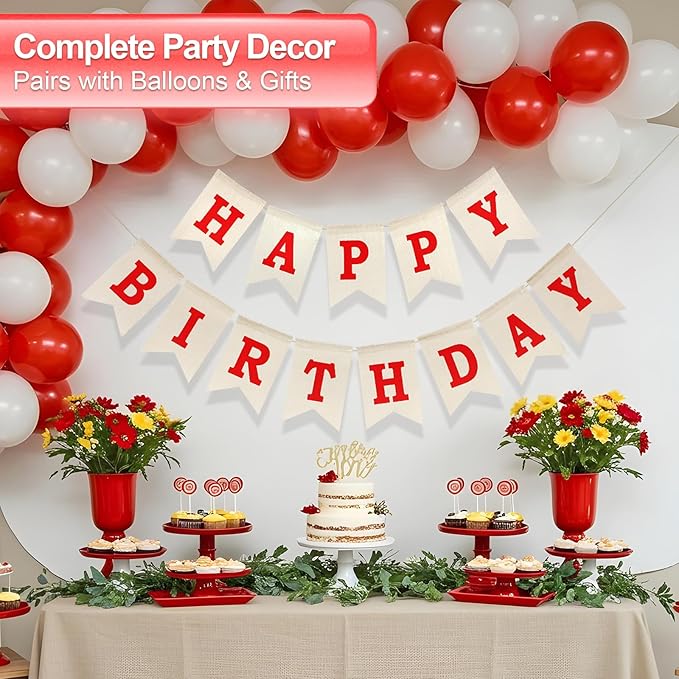 Happy Birthday Banner - Pre‑Strung Burlap Birthday Decorations and Reusable Birthday Sign for Men, Women & Kids | Party Supplies Backdrop (Red)