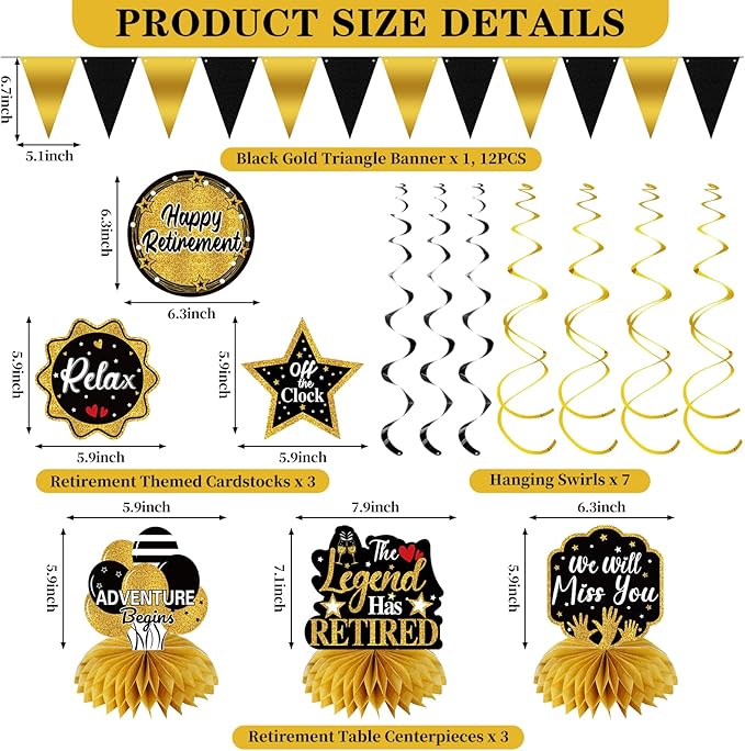 Retirement Party Decorations for Men Women, Black Gold Happy Retirement Decorations Kit The Legend Has Retired Banner Retired Table Centerpieces Hanging Swirls Party Supplies 12PCS