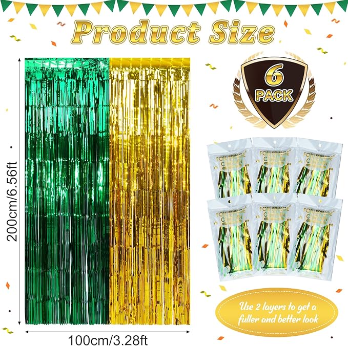 6Pack 3.3Ft x 6.6Ft Graduation Foil Fringe Curtain Backdrop Decorations, Green Gold Metallic Tinsel Foil Streamers Curtain Photo Booth Background for Graduation Prom Wedding Birthday Party Decoration