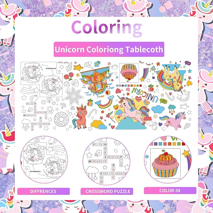 Unicorns Birthday Party Giant Coloring Poster, 30x72 Inches Versatile Unicorn Activity Paper Coloring Tablecloth, DIY Unicorn Poster Table Cover, Crafts for Kids Home Classroom Party Decorations