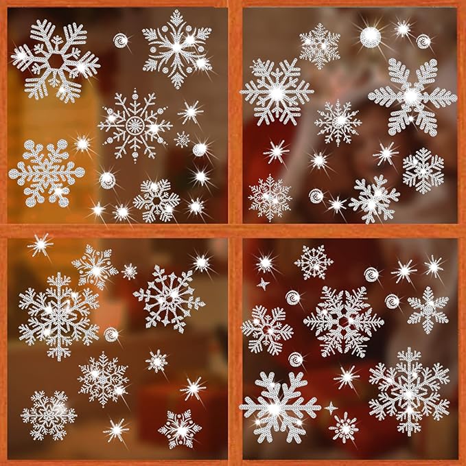 Glitter Snowflake Window Clings, 147PCS Silver Sparkling Christmas Window Clings Winter Wonderland Decorations for Home Christmas Party (Glitter Snowflake)