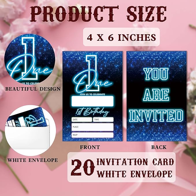 SIXEIGHT Blue 1st Birthday Party Invitations for Kids, Glow Neon 1st Birthday Invitations for Boys Girls, 20 Pack Blue Invites with Envelopes, Glow Neon Party Decorations Supplies, 4"x6"-C01