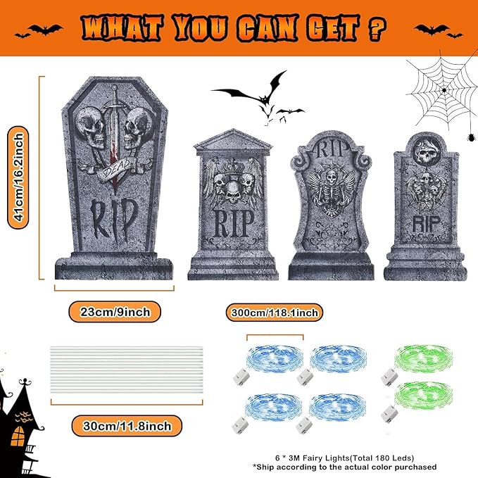 4 Pcs 16.2" Halloween Tombstones Decoration with 2 Green Fairy Lights(3 Modes) & 4 Blue Lights(3 Modes), Plastic RIP Grave Yard Signs with 8 Stakes for Grave, Outdoor Garden, Party Decor