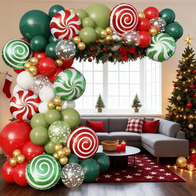 Christmas Balloon Arch Garland Kit, 127Pcs Dark Sage Green and Red White Xmas Balloon with Star Print & Candy Cane Foil Balloons for Merry Christmas Holiday Woodland Winter New Year Party Decorations