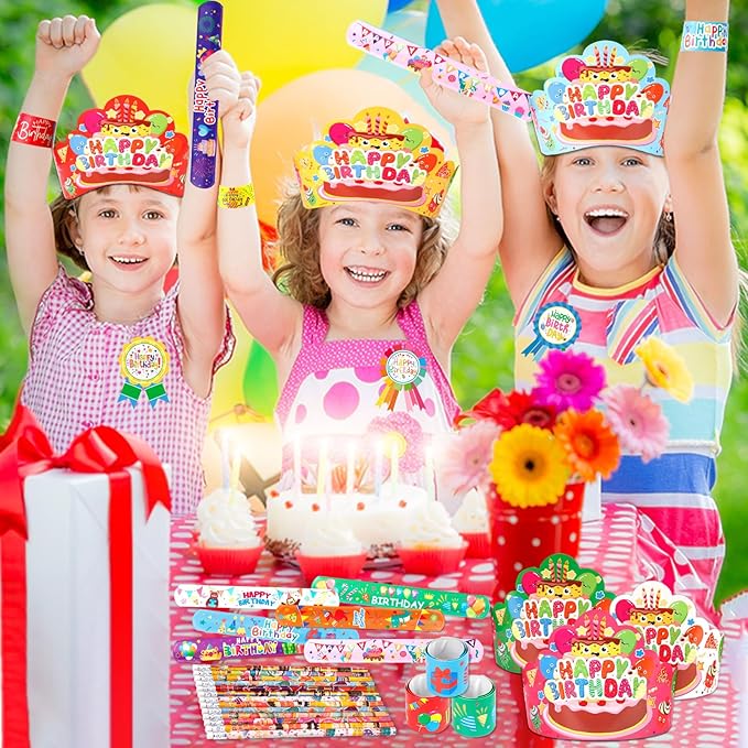 144 PCS Birthday Crowns for Kids Classroom Include 36 Colorful Birthday Paper Hats with Elastic Band 36 Badge Stickers 36 Slap Bracelets and 36 pencils for Classroom School Party Supplies
