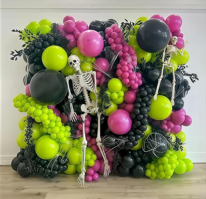 Halloween Balloon Arch Garland Kit, Neon Pink Green and Black White Party Balloons with Disco DIY Spider & 3D Spider Decor for Halloween Birthday Baby Shower Party Decorations