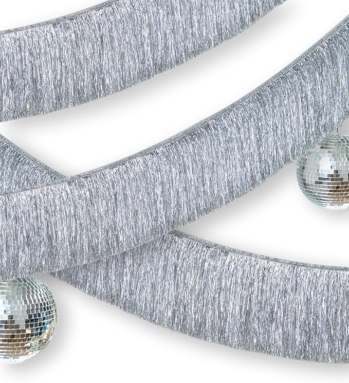 Premium Silver Fringe Tassel Banner for Party Decoration, 2 Packs of Fringe Tinsel Garlands, Thick Metallic Foil Silver Streamer for Birthday Wedding Bachelorette Holiday Event Hanging Decor