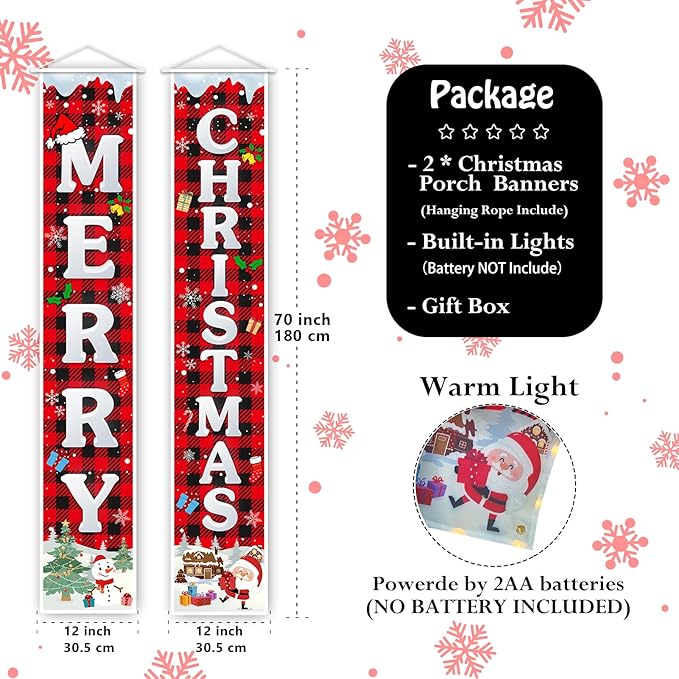 Christmas Decorations Outdoor Merry Christmas Banner with String Lights Xmas Porch Door Welcome Sign Hanging Christmas Decor Indoor for Home Holiday Outdoor Wall Front Door Yard Garage