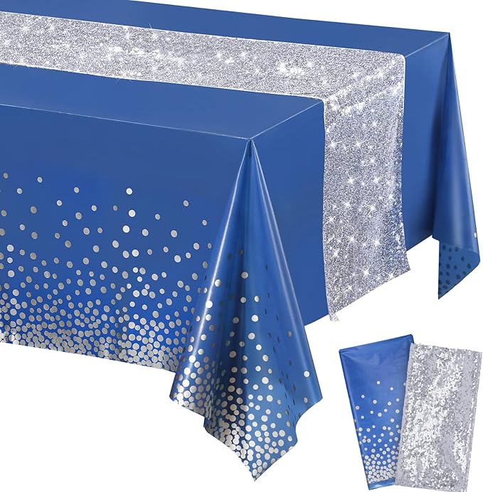 Irenare Tablecloth and Sequin Table Runner Set Polka Dots Confetti Table Cover Dining Plastic Tablecloths Glitter Decorations for Birthday Wedding Anniversary Party Supplies(Blue, Silver,2 Pcs)