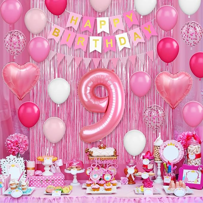 9th Birthday Decorations for Girls: Hot Pink Balloons, Happy Birthday Banner, Fringe Curtain, Cake Topper, Heart Balloons