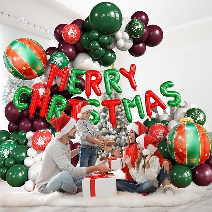 Merry Christmas Balloons Garland Arch Kit 115pcs Red Dark Green Balloons Deer Christmas Tree Print Balloons Ball Letters Foil Balloon for Merry Christmas Xmas New Year Friendsmas Birthday Party Decor