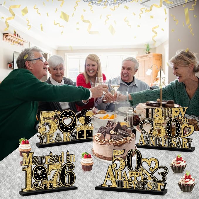 Eiurteao 4 Pieces 50th Anniversary Decorations Married in 1976 Wooden Table Sign, Black Gold Happy 50 Wedding Anniversary Table Centerpieces Party Supplies, Cheers to 50 Year Anniversary Table Decor