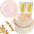 YOUBET 350PCS Pink Scalloped Plastic Plates - Pink and Gold Disposable Dinnerware Set Include 100 Plates, 150 Gold Silverware, 50 Cups, 50 Napkins for Wedding & Party Easter Mothers Day