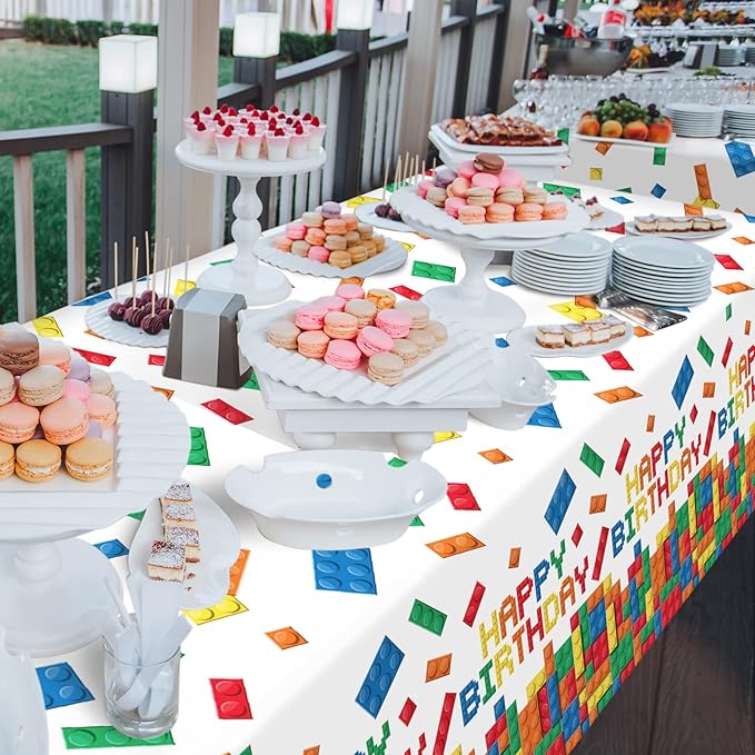 Gatherfun Building Block Party Disposable Tablecloth, Plastic Table Cover for Building Block Themed Party, Kids Birthday, 3 PCS, 54”x108”