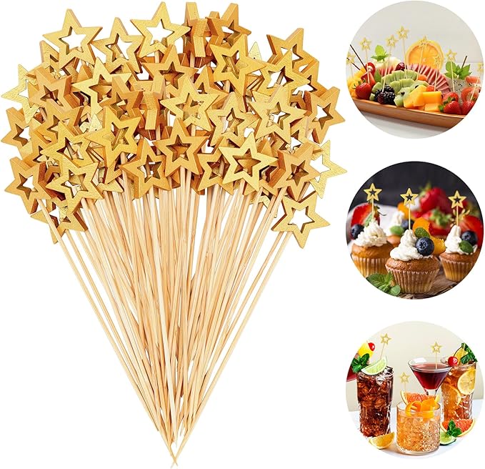 100 Pcs Gold Star Toothpicks, 4.72 Inch Gold Star Cocktail Picks for Appetizers, Long Bamboo Toothpicks, Decorative Toothpicks Skewers for Holiday Birthday Party Decorations (Gold Star)