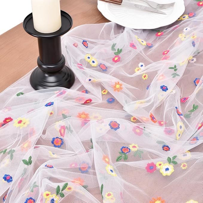 Joanlody 6pcs Ivory Embroidery Daisy Spring Summer Table Runner Florals Seasonal Easter Tulle Table Runner Holiday Kitchen Dining Table Decoration Wedding Party