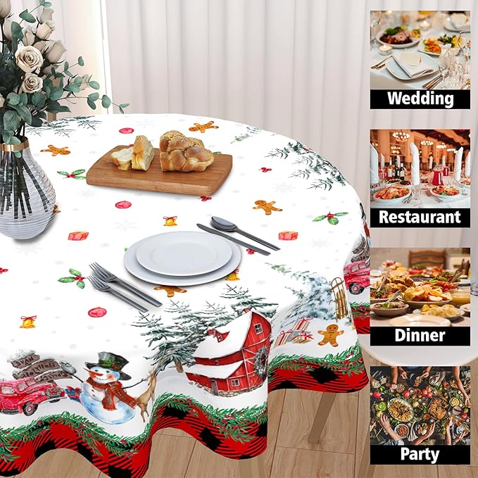 Merry Christmas Tablecloth Round 60 Inch Snowman Winter Table Cloth Washable Black Red Buffalo Plaid Snowflake Christmas Table Cover for Kitchen Dinner Room Holiday Party Indoor Outdoor Home Decor