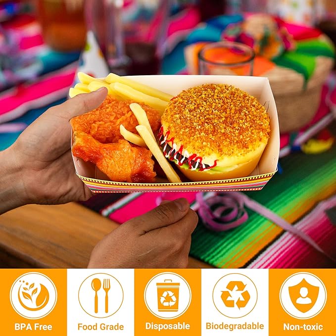 100 PCS Cinco De Mayo Plates, Large Capacity Mexican Plates, Serape Cinco De Mayo Food Trays Fiesta Hot Dog Trays Mexican Trays for Serving Food, Disposable Fiesta Party Decorations