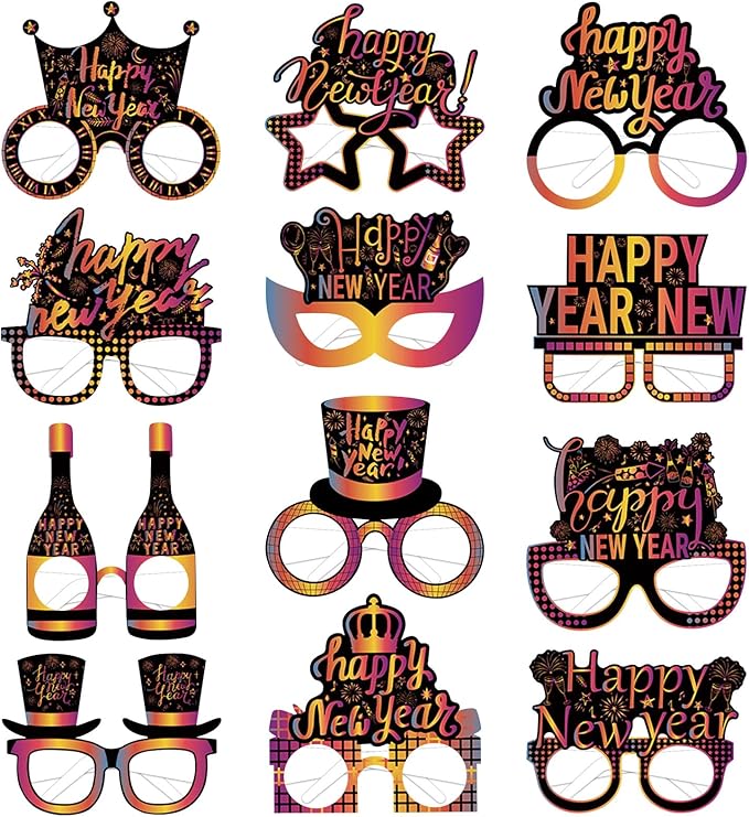 12PCS New Year Glasses, Funny New Years Eve Party Paper Glasses Photo Booth Props 2026 Eyeglasses Frames for NYE Party Supplies Decorations 2026