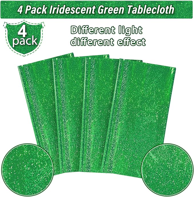 4 Pcs Iridescent Green Tablecloth Party Decorations, Holographic Foil Green Table Cloth, Disposable Rectangle Laser Table Cover for Baby Shower Wedding Birthday Witch Party Supplies, 54x108 Inch