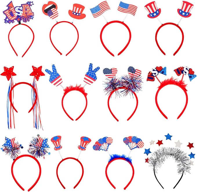 Retrowavy 24 Pcs Patriotic Head Boppers Headband 4th of July American Flag Headband Independence Day Accessories Red White Blue America Headband Bulk for Adults Veteran Day Party Favor Supplies Decor